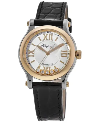 Chopard Happy Sport Mini Automatic 30mm Silver Diamond Dial with Rose Gold Bezel and Black Leather Strap Women's Watch Model 278573-6013 (arb10014)