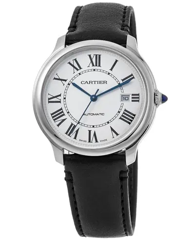 Cartier Ronde Must De Cartier Men's Watch wsrn0032, Silver Dial, Automatic Movement with Black Leather Strap (arb13221)