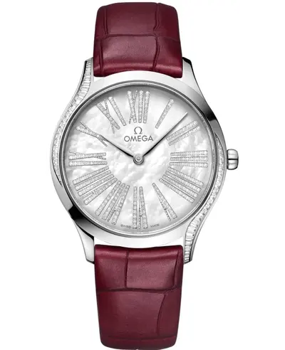 Authentic Omega De Ville Tresor Model 42858366055001 Mother of Pearl Dial Diamond White Gold Leather Strap Women's Watch 428.58.36.60.55.001 (arb10486)