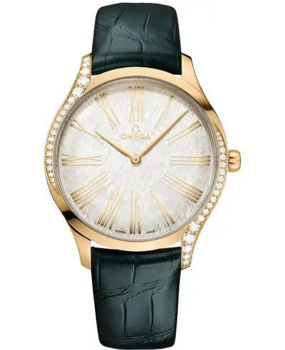 Omega De Ville Tresor Silver Dial Yellow Gold Diamond Women's Watch Model 42858396002001 428.58.39.60.02.001 (arb10488)