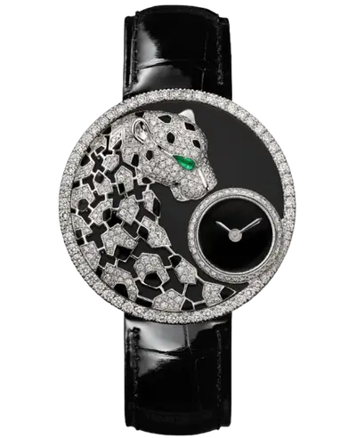 HPI01294 Cartier Panthere Women's Watch Authentic Rhodium-White Gold Diamond Dial Alligator Strap (black, arb11774)