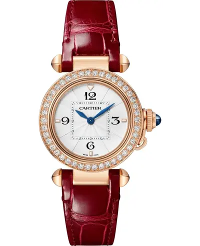 Cartier Pasha De Cartier Opaline Dial Diamond Rose Gold Case with Grey and Red Alligator Strap WJPA0017 (arb13165)