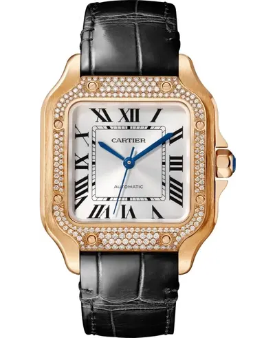 Women's Cartier Santos De Cartier Medium Silver Dial 18K Rose Gold Diamond Leather Strap Watch Model WJSA0012 (arb13179)