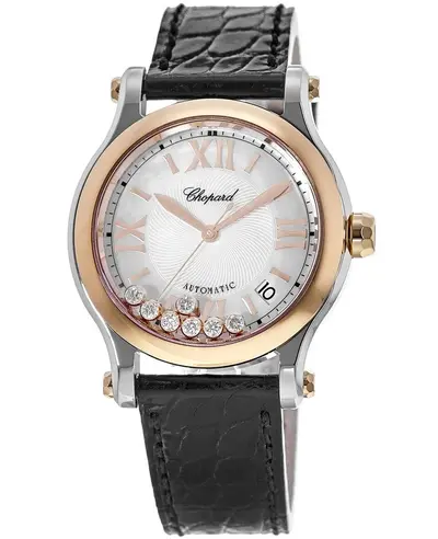 Chopard Happy Sport Medium Automatic 36mm Mother of Pearl Floating Diamond Dial 18K Rose Gold Bezel Leather Strap Watch Model 278559-6008 (arb10000)