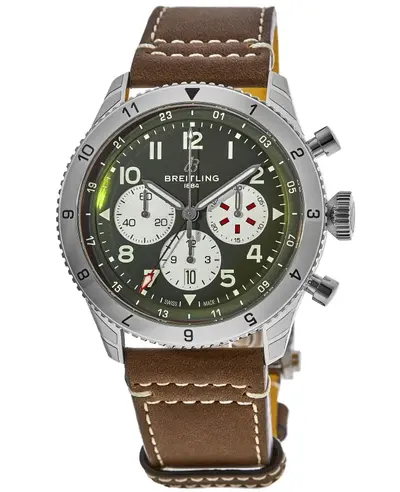Breitling Super Avi B04 Chronograph GMT 46 Curtiss Warhawk Green Dial Leather Strap Men's Watch AB04452A1L1X1 (green, arb11475)