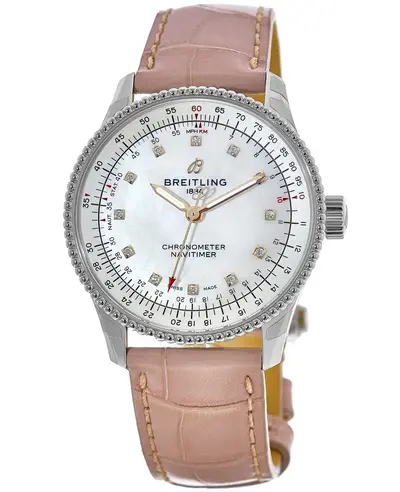 Women's Breitling Navitimer Automatic 35 - Mother of Pearl Diamond Dial, Pink Leather Strap (Model A17395211A1P4) (arb11312)