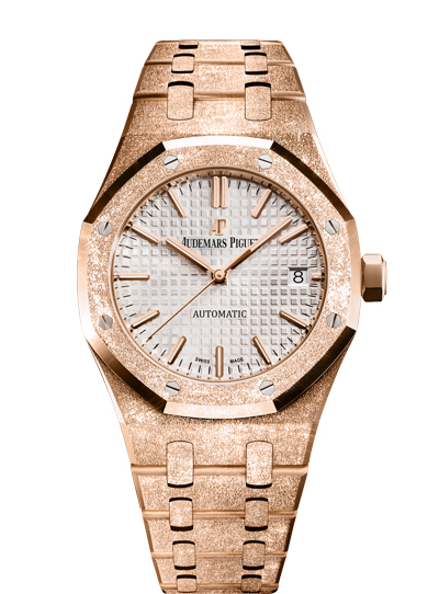 Audemars Piguet Royal Oak Ladies Watch Frosted Pink Gold Dial Automatic Movement Caliber 3120 40 Jewels 280 Parts Biting 21600 vph Power Reserve Approx. 60 Hours Octagonal Case Size 37mm Thickness 9.8mm Rose Gold Case and Bracelet Sapphire Crystal Date Display at 3 O'Clock Water Resistant 50 Meters Label Swiss Made Model 15454OR.GG.1259OR.03 (arb502)