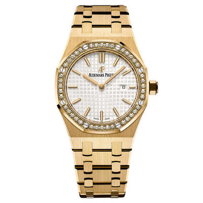 Audemars Piguet Royal Oak Silver Dial Ladies 18K Yellow Gold Watch Calibre 2713 Quartz Movement Deployment Clasp with Diamond Bezel Set Model No. 67651BA.ZZ.1261BA.01 (arb1185)
