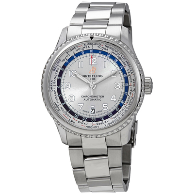 Pre-owned Breitling Navitimer 8 Unitime World Time Automatic Silver Dial Mens Watch AB3521U0-G838-188A. Item# AB3521U01G1A1 (arb7115)