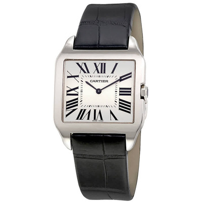 Cartier Santos Dumont Mens Watch 18kt White Gold Case with Black Alligator Leather Strap and Silver Dial W2007051 (black, arb2082)