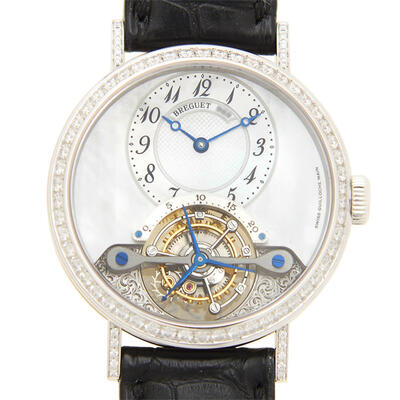 Breguet Tourbillon Mother of Pearl Dial 18kt White Gold Diamond Black Leather Ladies Watch - Ref: 3358BB52986DD00 3358BB/52/986.DD00 (black, arb1351)