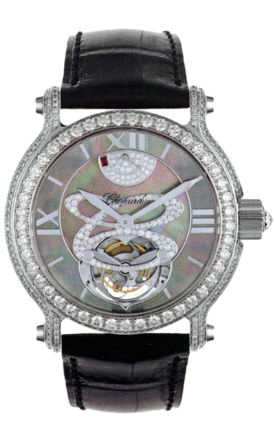 Chopard Classic Mother-of-Pearl Dial 18kt White Gold Diamond Black Leather Tourbillon Ladies Watch Item# 134188-1007 (black, arb1609)