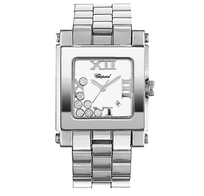 Silver-tone stainless steel case with silver-tone bezel, white dial featuring floating diamonds - ladies' square watch from Happy Sport series Chopard 278496-3002 (arb2828)