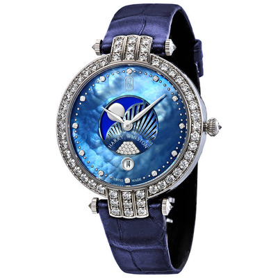 Harry Winston Premier Moon Phase Ladies Watch - 18k White Gold, Blue Mother of Pearl Dial with Diamonds PRNQMP36WW002 (blue, arb1910)
