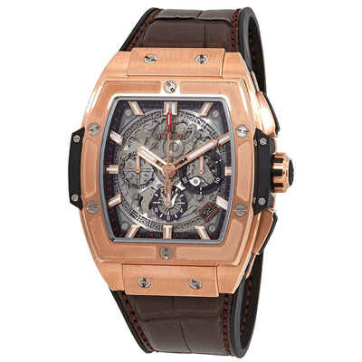 Hublot Spirit of Big Bang Chronograph 641.OX.0183.LR Mens Watch King Gold Case Brown Leather Strap Silver Skeleton Dial Luminous Hands Date Display Analog Subdials Automatic Movement Caliber HUB470 (brown, arb2768)