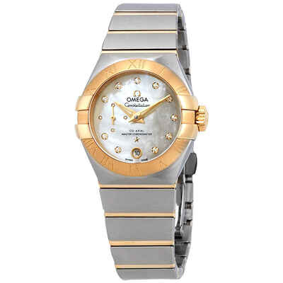 Omega Constellation Automatic Ladies Watch - Calibre 8704, Yellow Gold Accented Mother of Pearl Dial, Diamond Markers 127.20.27.20.55.002 (arb4446)