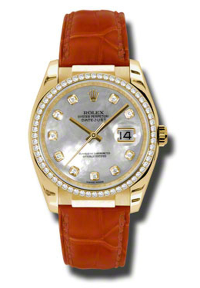Rolex Datejust Ladies Watch Ref.116188WMDL, 14k Yellow Gold Case, Diamond Dial Markers, Mother of Pearl Dial Insert, Red Leather Strap (arb7243)
