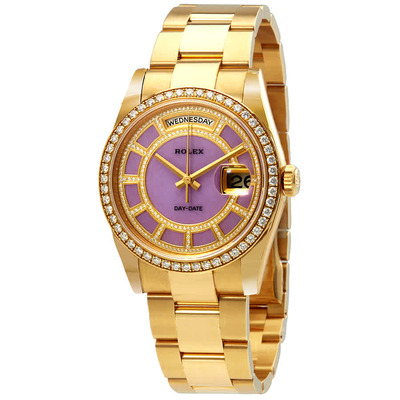 Ref 118348LVDO: Rolex Day-Date 36 'Carousel of Lavender Jade' Diamond Dial Yellow Gold Oyster Watch (arb7718)