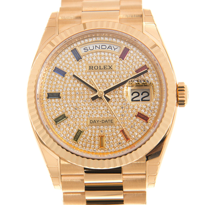 Rolex Day-Date 128238-0051 Yellow Gold Paved-Rainbow Diamond Ladies Watch (arb7283)