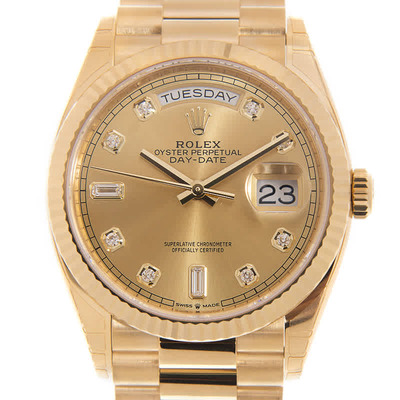 Rolex Day-Date 36 Champagne Diamond Dial 18kt Yellow Gold President Watch Reference 128238CDP (beige, arb7287)