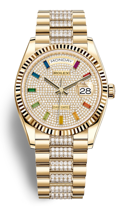 Rolex Day-Date 36 Rainbow Baguette Dial Diamond-Set Yellow Gold President Watch Ref:128238DSDP (arb7290)