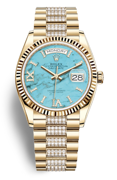 Rolex Day-Date 36 Turquoise Dial Yellow Gold Diamond President Watch Model 128238TQRSDDP M128238-0072 (arb5751)
