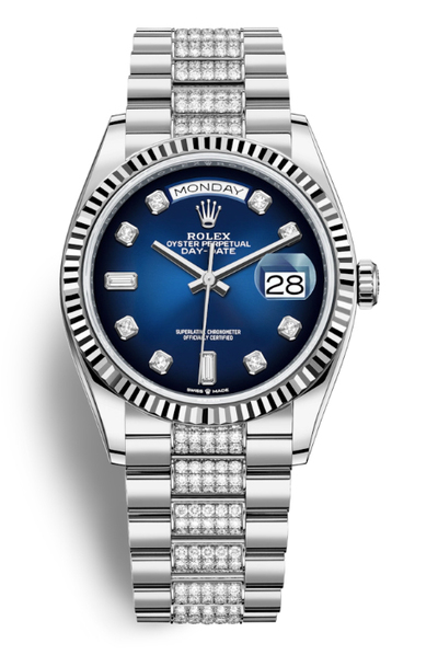 Rolex Day-Date 36 Blue Dial White Gold Diamond Set President Watch Ref. 128239BLDDP M128239-0023 (blue, arb5753)