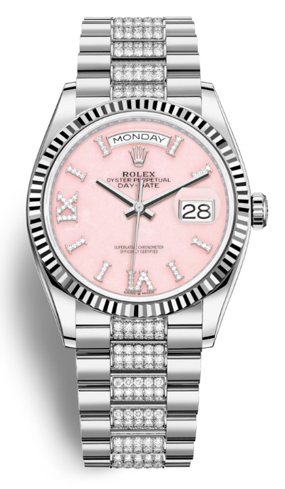 Rolex Day-Date 36 Pink Dial Diamond Set White Gold President Watch Ref. 128239DSDP M128239-0030 (arb5759)