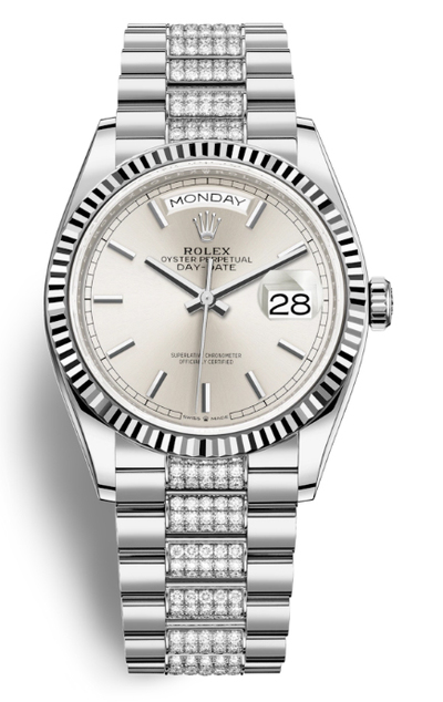 Rolex Day-Date 36 Silver Dial 18kt White Gold Diamond-Set President Watch: Ref. 128239SSDP (arb5760)