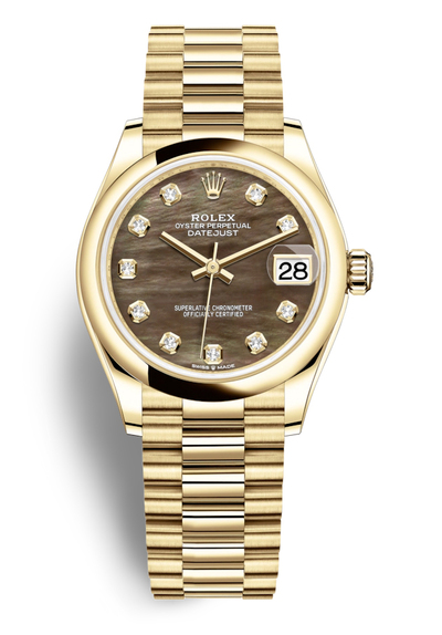Rolex Datejust 31 Black Mother of Pearl Diamond Ladies 18kt Yellow Gold President Watch Ref. 278248bkmdp (black, arb5895)
