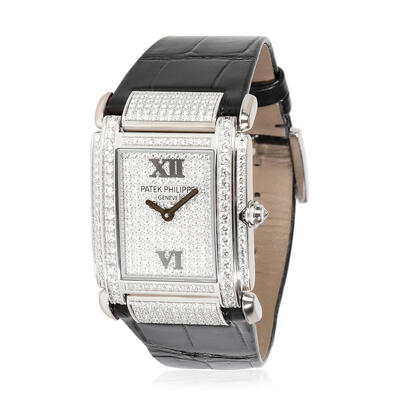 Pre-owned Patek Philippe 4910G-001 Ladies Watch, Diamond White Dial with Alligator Strap (black, arb5302)