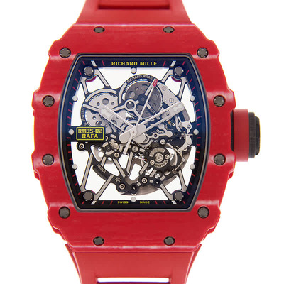 Richard Mille RM35-02 Automatic Mens Watch: Red Carbon Fiber Case, Red Rubber Strap (red, arb4690)