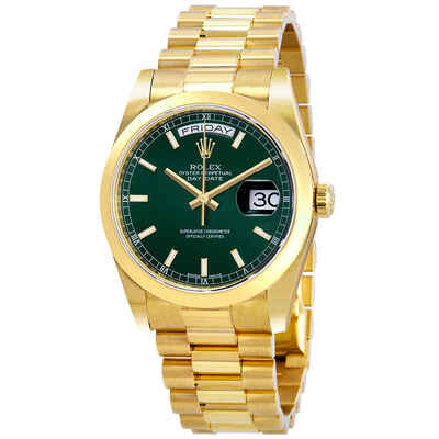 Rolex Day Date Automatic Green Dial Mens 18kt Yellow Gold President Watch Ref No. 118208GNSP (arb7717)