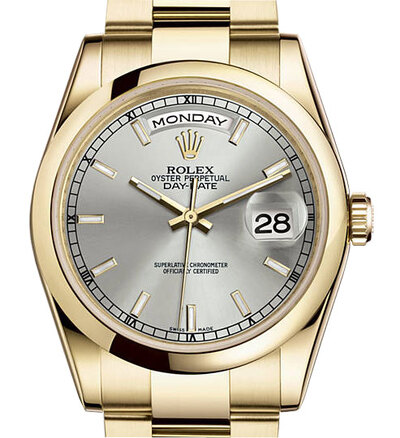 Rolex Day-Date Silver Dial 18K Yellow Gold Automatic Mens Watch Ref: 118208SSO with Oyster Bracelet (arb7442)