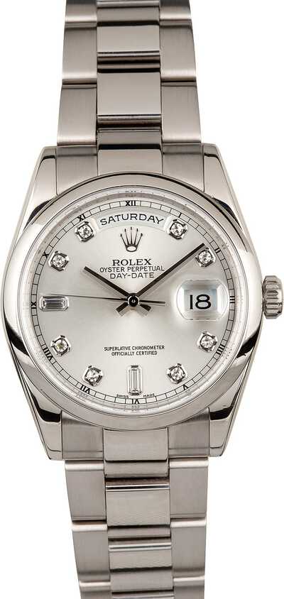 Rolex Day-Date 18K White Gold Automatic Mens Watch With Silver Dial Diamond Hour Markers 118209SDO (arb7444)