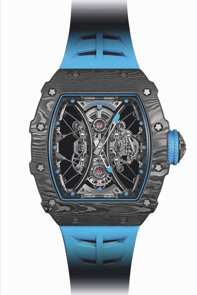 Richard Mille RM 53-01 Tourbillon Watch in Black Carbon TPT Case, Blue Silicone Strap (black, arb4663)