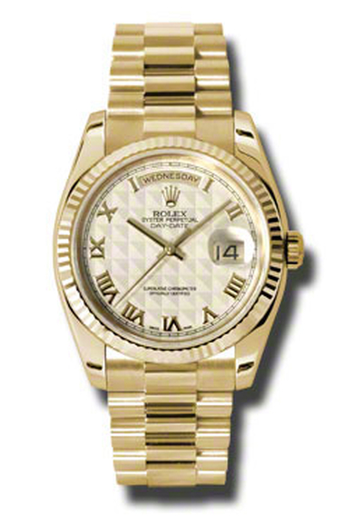 Rolex Day-Date 18K Yellow Gold Automatic Mens Watch with Ivory Pyramid Dial, Reference 118238IPRP (arb7466)