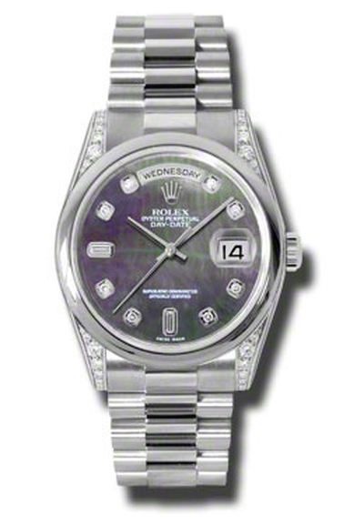 Rolex Day-Date 118296bkmdp: Platinum Diamond-Set Case Mens Watch with Black Mother Of Pearl Dial (black, arb7474)