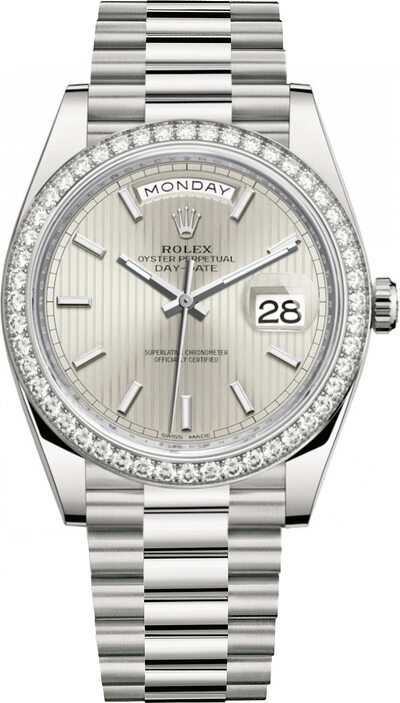 Rolex Day Date 40 SSDP: Silver Stripe Dial Mens Watch 228349SSP (arb6630)