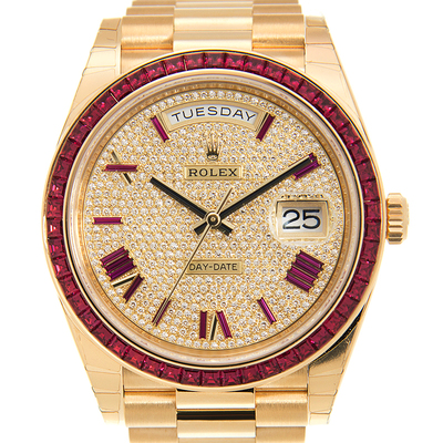 Rolex Day-Date 40, Model 228398: Yellow Gold Case Mens Watch with Diamond Pave Dial and Red Sapphire Bezel 228398 DRRP (arb6642)