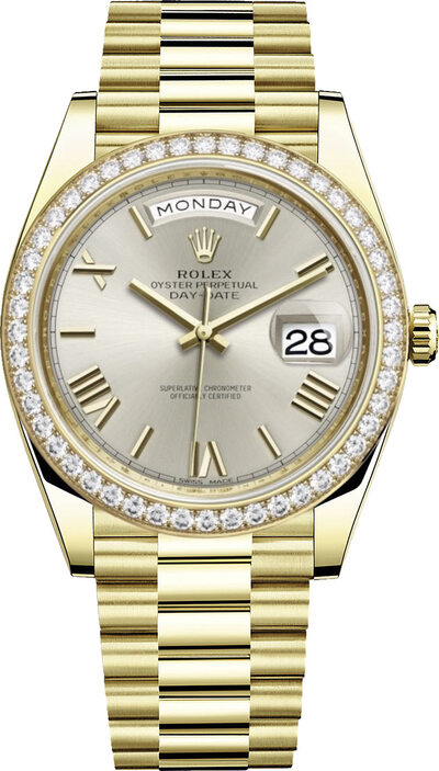 Rolex Day-Date 40 Mens Automatic Yellow Gold President Watch with Diamond Bezel and Silver Diagonal Motif Dial 228348SRP (arb5873)