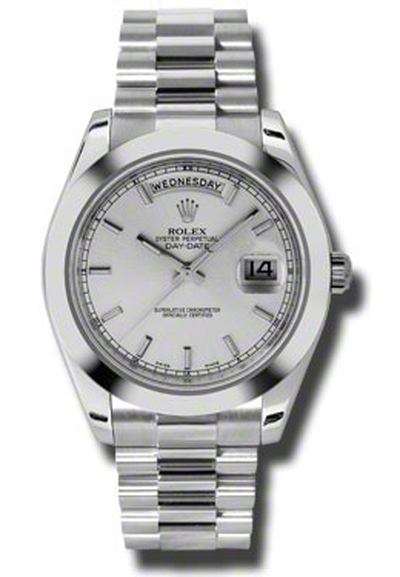 Rolex Day-Date II 24 Jewels Automatic Mens Watch with Platinum President Bracelet and Silver Dial - Ref. 218206SSP (arb4191)