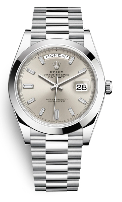 Rolex Day Date 40 Silver Diamond Dial Automatic Mens Platinum President Watch Reference: 228206SDP (arb4209)