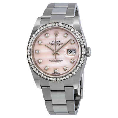 Rolex Datejust Ladies Watch - Caliber 3135 Automatic Movement, Stainless Steel Case with Oyster Bracelet, White Gold Diamond Bezel, Pink Mother of Pearl Dial (Ref. 116244) (arb3599)