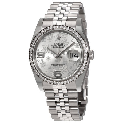 Rolex Oyster Perpetual Datejust 36 White Gold Diamond Bezel Silver Floral Dial Stainless Steel Jubilee Bracelet Automatic Ladies Watch Ref. 116244SFAJ (arb3604)