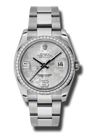 Rolex Oyster Perpetual Datejust 36 Silver Floral Dial Stainless Steel Bracelet Automatic Ladies Watch Ref: 116244SFAO (arb3605)