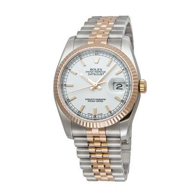 Rolex Oyster Perpetual Datejust 36 White Dial Stainless Steel and 18K Everose Gold Mens Watch - SKU: 116231WSJ (arb5664)