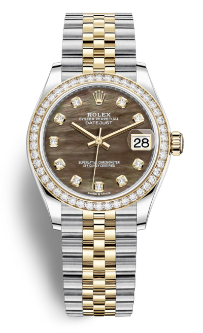 Rolex Datejust 31 Black Mother of Pearl Diamond Dial Ladies Steel and Yellow Gold Jubilee Watch Ref. No. 278383bkmdj (black, arb7025)
