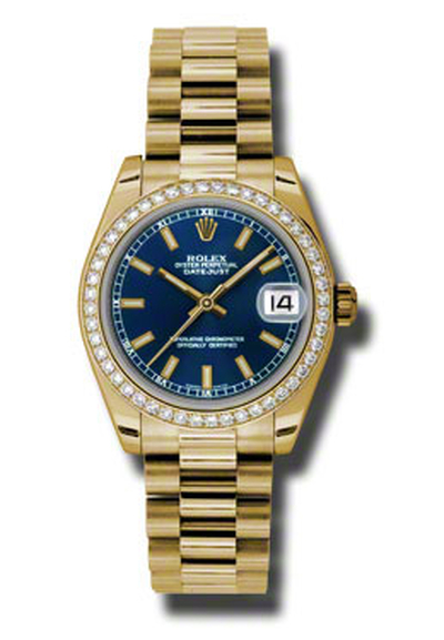 Rolex Lady-Datejust 31 Blue Dial Yellow Gold Diamond President Automatic Ladies Watch 178288BLSP (blue, arb5792)