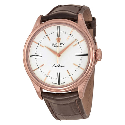 Rolex Cellini White Dial 18K Rose Gold Leather Mens Watch 50505WSRL (brown, arb6744)